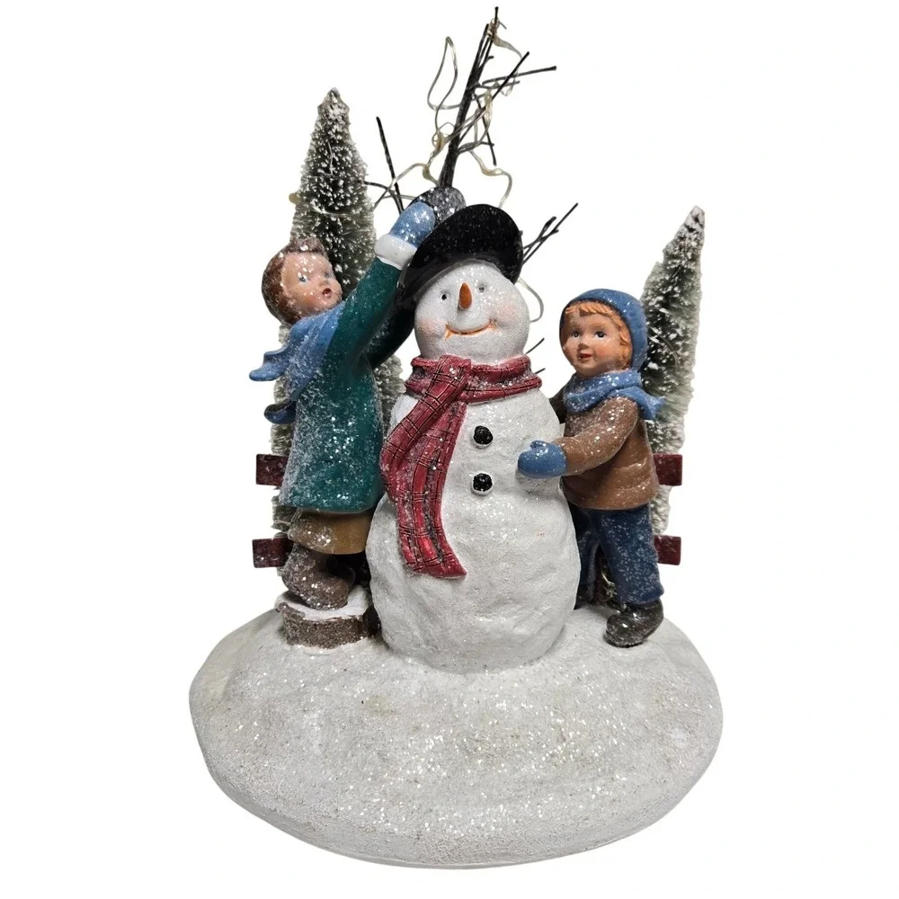Christmas Snowman Children Lighted Winter Village Figurine Bottle Brush Trees